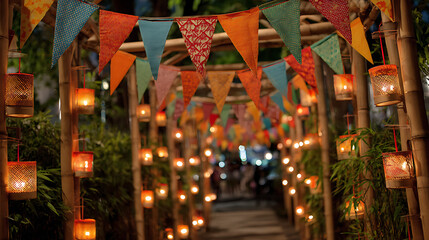 Colorful Bunting and Lanterns Illuminate Festive Night Pathway