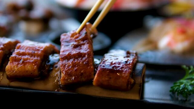Grilled eel glazed with soy sauce rests on steamed rice in a lacquered bento box as the camera moves steadily across a Japanese meal set with soup and pickles. High quality 4k footage