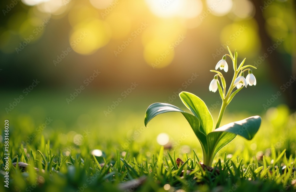 Poster a single snowdrop flower growing in a lush green field with sunlight filtering through trees in the 