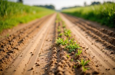 Woman planting young seedlings in cultivated farmland with green fields in the background