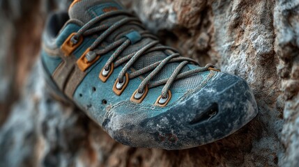 Close-up of a rugged climbing shoe on textured rock face for outdoor adventures