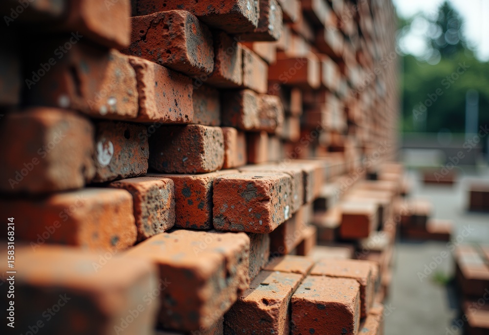 Poster stacked orange bricks create a textured background in a construction site