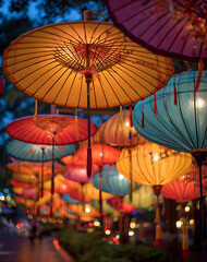 Colorful Illuminated Lantern Umbrellas Decorating a City Street at Night Creating a Festive Atmosphere