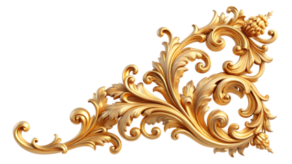 A golden baroque ornament with intricate floral details is isolated on transparent background