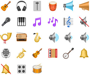 Set of Sound, music & instruments Emoji icons   © Icons8