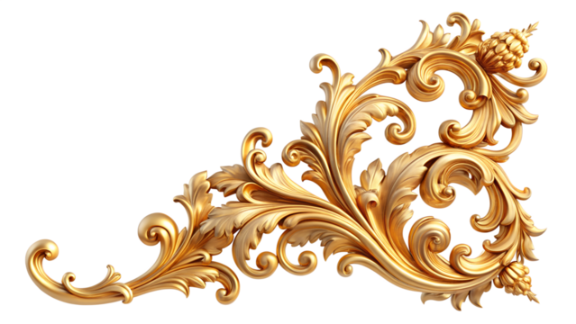 A golden baroque ornament with intricate floral details is isolated on transparent background - Powered by Adobe