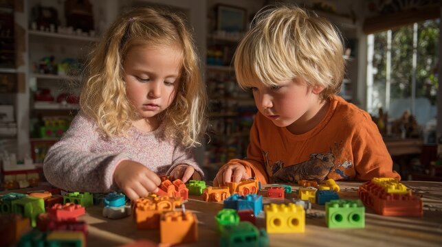 Brother and sister immersed in creative play with colorful construction blocks