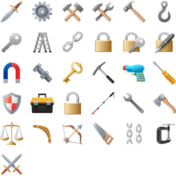 Tools & locks icons. Hammer, key, lock, wrench, equipment, construction, metal, industry, instrument, security, repair, padlock, safety, nut, bolt, work, secure, build. Industrial icon collection.