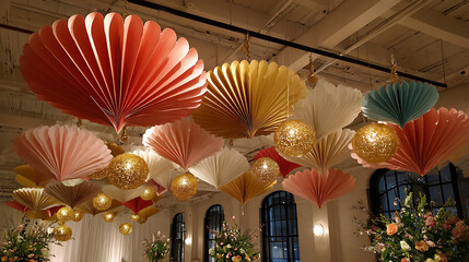 Colorful Paper Fan Hanging Decorations with Ambient Lighting for Event Decoration