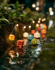 Colorful Paper Lanterns Floating on a Night Stream
