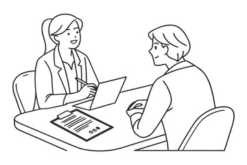 Minimalist line art illustration of a job interview with two people at a desk business meeting