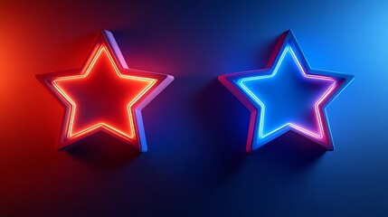 Obraz premium Two neon stars, red and blue, on a gradient background