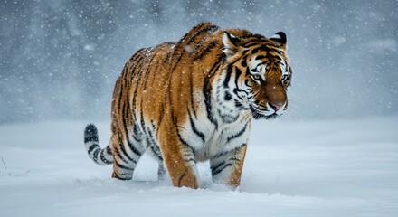 Obraz premium Stunning Siberian Tiger Trekking Through Snowy Landscape Amidst Falling Snowflakes, highlighting the majestic power and beauty of the wild cat