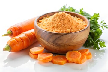 Carrot powder in wooden bowl with fresh carrots and parsley garnish