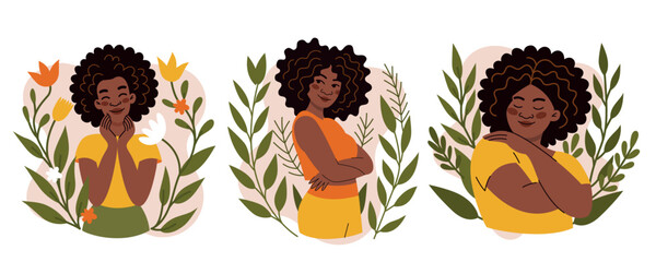 Black woman embracing herself in flat vector style. Illustration about self-love, confidence, and empowerment. Perfect for body positivity, mental health, and diversity themes.