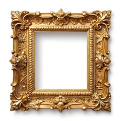 Ornate gold picture frame with detailed carvings and empty center on white