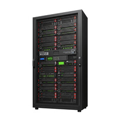 Data Server Rack Standing in Data Center with Black Metal Frame and Red Accents