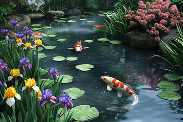 A tranquil garden scene with a koi pond surrounded by blooming irises and lily pads