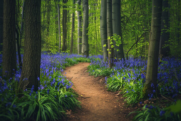 A tranquil forest path surrounded by blooming bluebells and fresh greenery