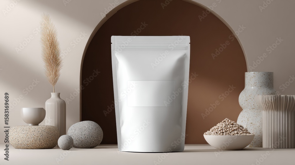 Poster minimal packaging pouch mockup artfully displayed with simple props and an empty lower section for b