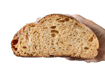 Sliced artisan bread showcasing its fluffy texture and crusty exterior in a hand on a transparent...