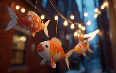 Decorative Goldfish Ornaments Hang on String Lights in Urban Setting for Celebration