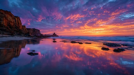Dramatic sunset paints the sky with vibrant hues reflecting on a wet sandy beach