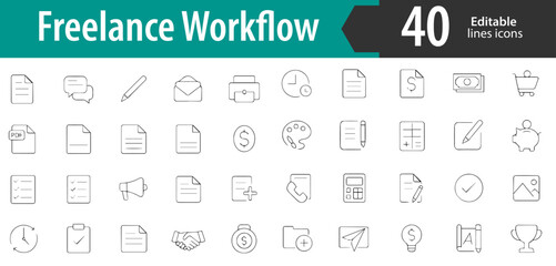 Freelance Workflow Line Icons, Project Brief, Proposal, Task Management, Invoice, Client Feedback, Editable Formats: AI, EPS, PNG, Ideal for Both UI and Print Media Use

