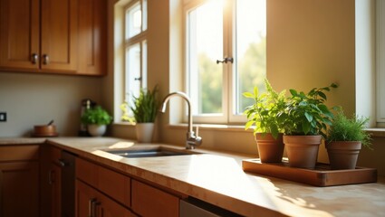 Amplia cocina de planta abierta con encimeras de piedra cálidas en tonos miel y gabinetes de roble oscuro