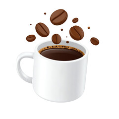 Obraz premium Coffee cup with flying beans 3d emoji. Cute white mug with black hot espresso or americano three dimensional realistic vector illustration isolated on white background.