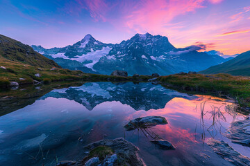 A tranquil mountain lake at dawn, the still water perfectly reflecting the colorful sunrise and the surrounding peaks, creating a mirror-like effect