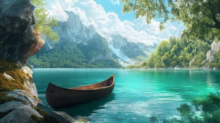 A lonely canoe adventure on a beautiful turquoise lake