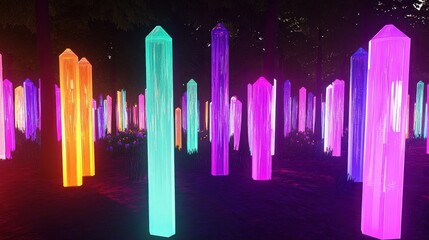 Fototapeta premium Neon crystals in a dark forest