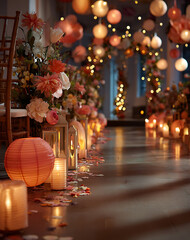 Elegant Wedding Aisle with Floral Arch Lanterns and Soft Lighting Decoration and Garland