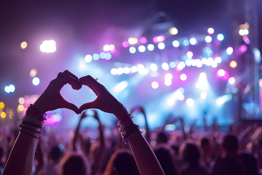 音楽フェスティバルの夜、手でハートを作る観客のシルエット
