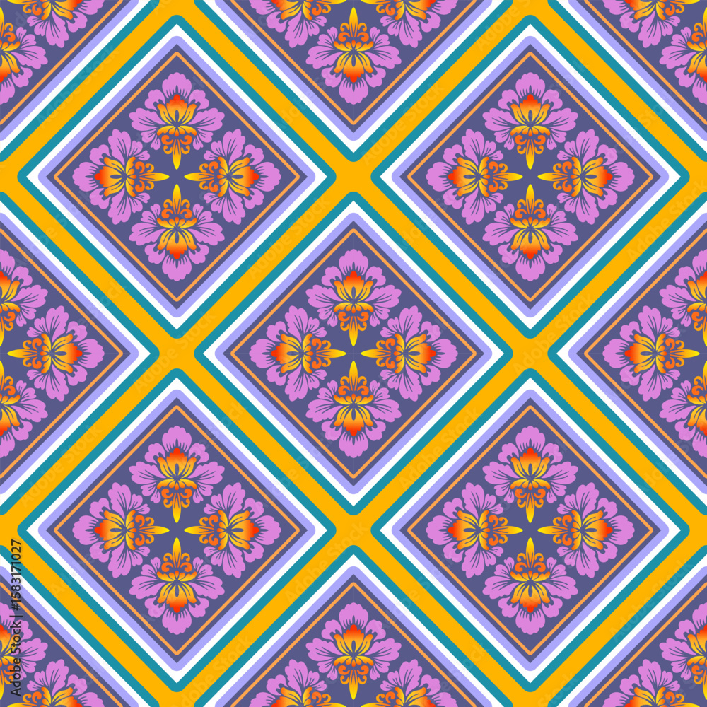 Poster seamless geometric pattern featuring repeating floral motifs within diamond shapes bordered by color