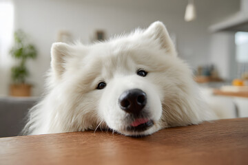 机に顔を乗せる白いサモエド犬。リラックスしたかわいい表情