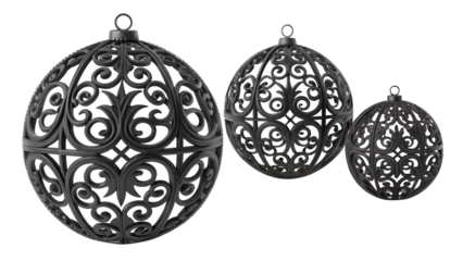 Three elegant black christmas ornaments with intricate patterns are isolated on transparent background, perfect for holiday decorations