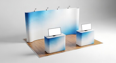 Modern trade show booth with blank screens for displaying information in an exhibit hall