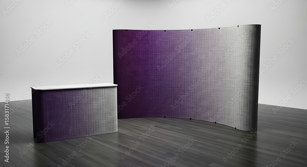Poster modern trade show display setup with counter and backdrop in gradient purple to grey