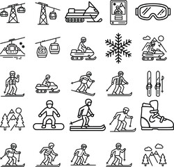 Winter Sports & Ski Resort Line Icons: Snow Activities Set