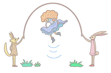 メルヘンイラスト - 動物と少女の縄跳び遊び