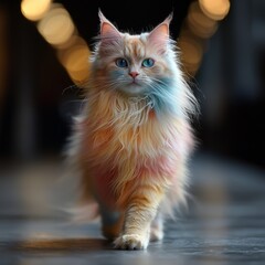 Fluffy long-haired cat with rainbow-colored fur struts confidently down a catwalk. Fantasy-style, bold and colorful.