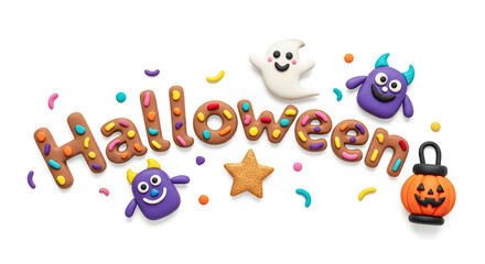 Obraz premium Halloween Lettering with Cute 3D Icons and Black Background 