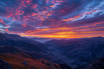 A vibrant sunrise over a mountain range, the sky painted with shades of orange, pink, and purple, and the valleys below still in shadow