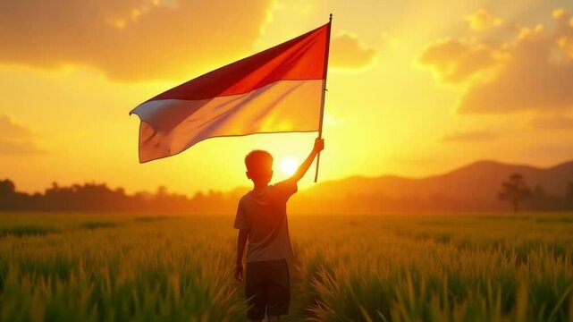 Child Holding Indonesian Flag at Sunset &ndash; Youthful Spirit of Independence