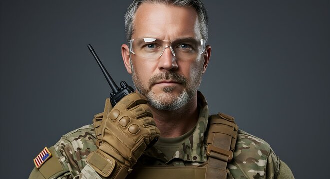 A stern commander, a man in military uniform and safety glasses, holds a walkie-talkie for communication. Military operations planning, security.