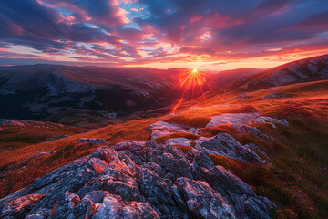 A vibrant sunrise over a rugged mountain landscape, the sky painted with vivid colors and the first light casting long shadows across the terrain