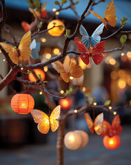 Festive Tree Adorned with Colorful Butterflies and Lanterns in a Warm Light Setting