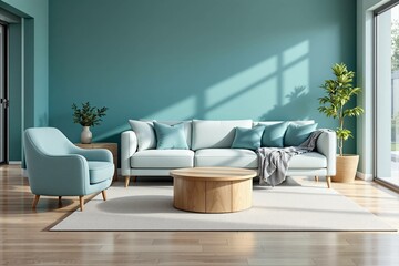 Un salon raffiné et lumineux au style minimaliste et élégant. Un canapé aux lignes épurées est placé contre un mur clair, flanqué de coussins ton sur ton. Deux tableaux géométriques encadrés décorent